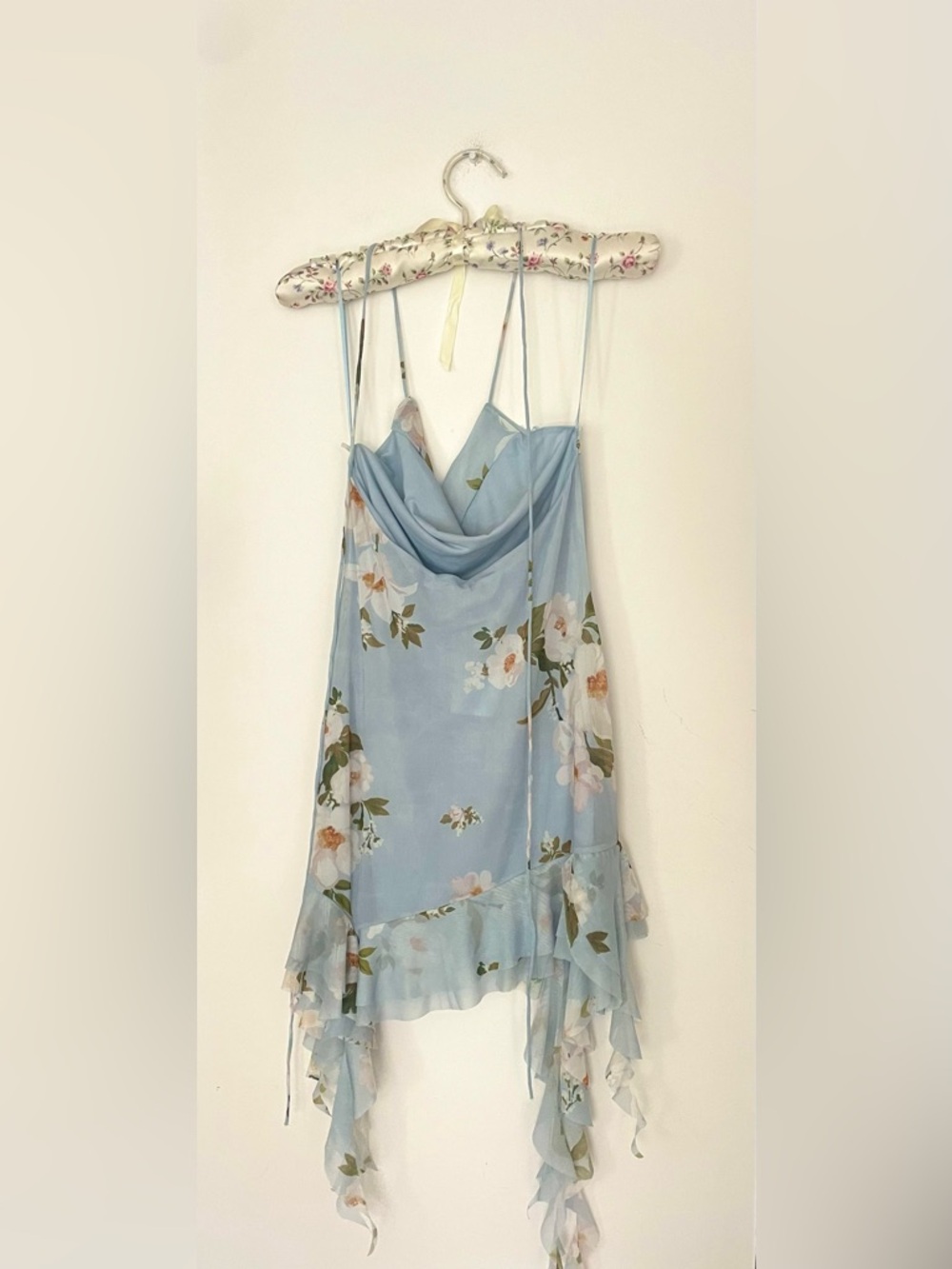 Zara Floral Satin Slip Dress Asymmetric Ruffle Hem Blue Green Medium NWT - Picture 6 of 8